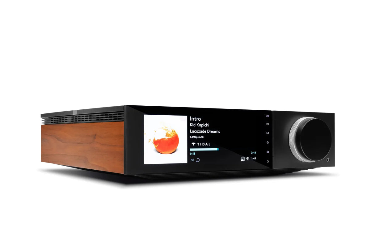 Cambridge Audio Evo 75, išmanus stereo stiprintuvas su HDMI ARC 2x75W - Medinis šoninis skydelis ir lietimui jautrus ekranas