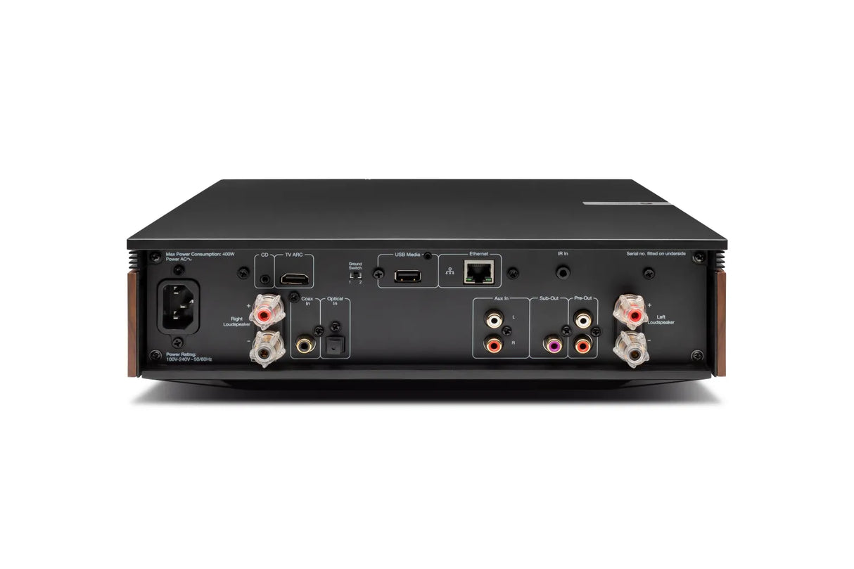 Cambridge Audio Evo 75, išmanus stereo stiprintuvas su HDMI ARC 2x75W - galinė panelė su jungtimis ir garsiakalbių išėjimais