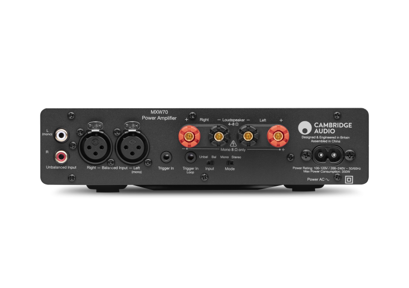 Cambridge Audio MXW70, kompaktiškas stereo galios stiprintuvas - galinė panelė su jungtimis ir maitinimo lizdu