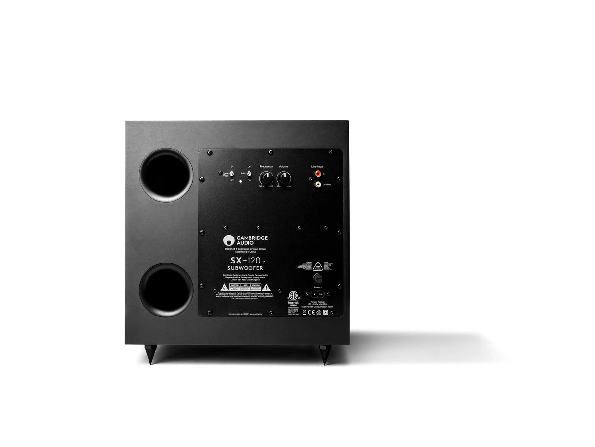 Cambridge Audio SX-120, žemų dažnių garso kolonėlė - galinė panelė su jungtimis ir valdymo elementais