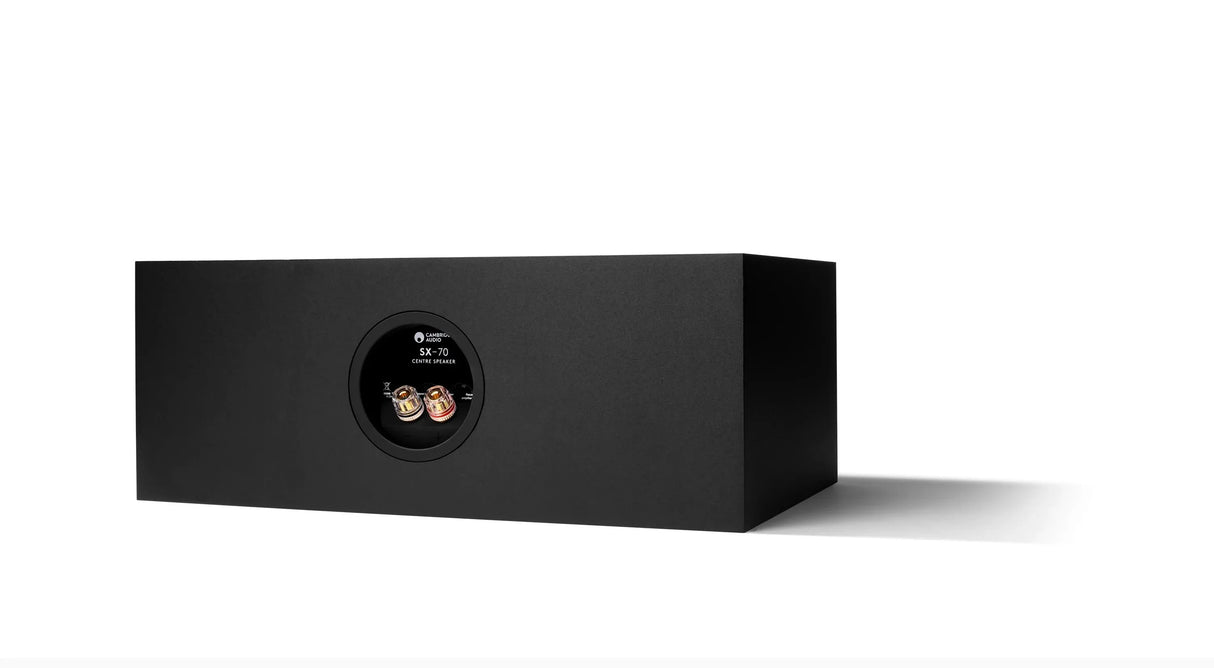 Cambridge Audio SX-70, centrinio kanalo garso kolonėlė - galinė panelė su jungtimis ir logotipu