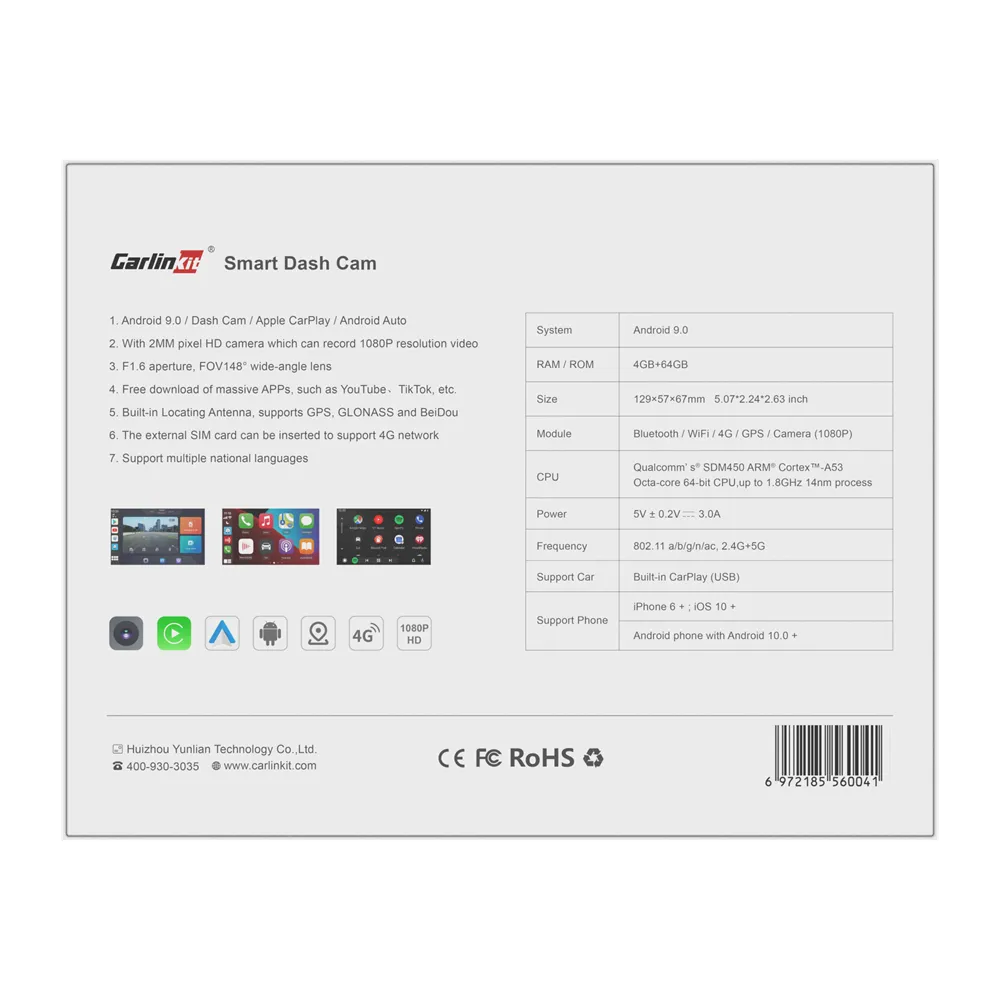 Carlinkit Tbox AR, vaizdo registratorius su CarPlay Android AI, (4+64GB) - specifikacijų lentelė ir piktogramos