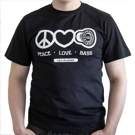 DD AUDIO marškinėliai XL love,peace&bass - Juodi marškinėliai su užrašu "PEACE LOVE BASS