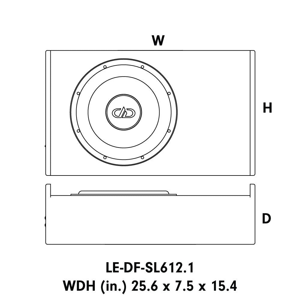 DD Audio LE-DF-SL612-D2, žemų dažnių garsiakalbis dėžėje, 600 W - Brėžinys su matmenimis ir garsiakalbio logotipu