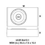 DD Audio LE-DF-SL612-D2, žemų dažnių garsiakalbis dėžėje, 600 W - Brėžinys su matmenimis ir garsiakalbio logotipu