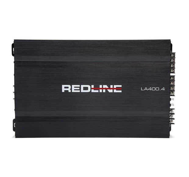 DD Audio RL-LA400.4 - Šoninis vaizdas su jungtimis ir logotipais
