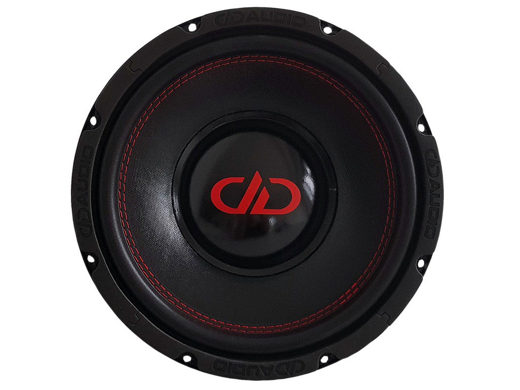 DD Audio Redline 110 S4 - Raudonos siūlės ir logotipas ant juodo garsiakalbio