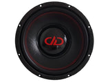 DD Audio Redline 110 S4 - Raudonos siūlės ir logotipas ant juodo garsiakalbio