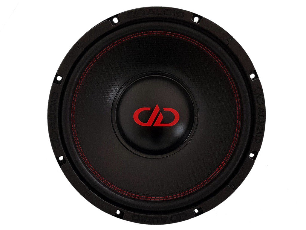 DD Audio Redline 112 S4 - Raudonos siūlės ir logotipas išskiria garsiakalbį