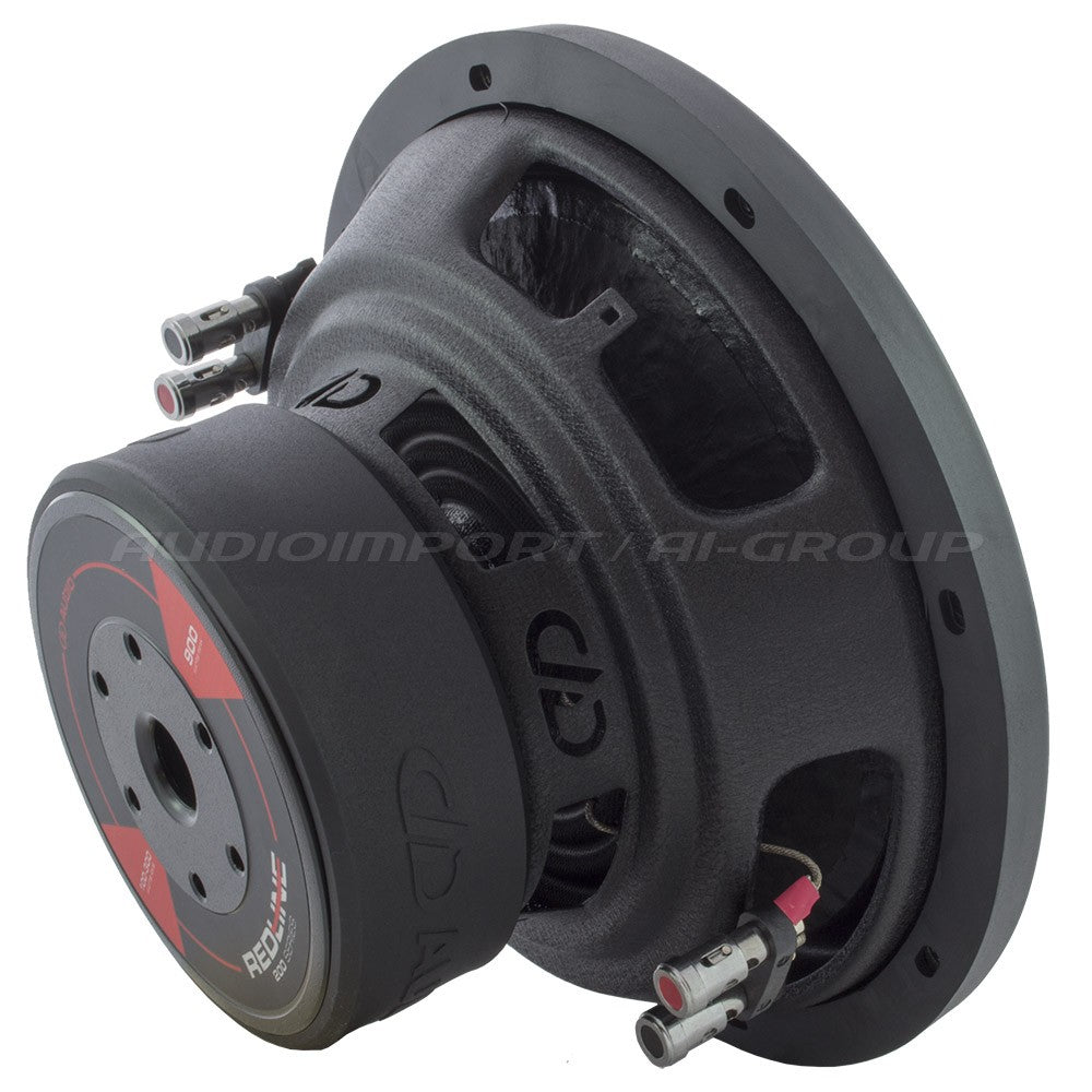 DD Audio Redline 210d D2 - Šoninis vaizdas su jungtimis ir logotipais