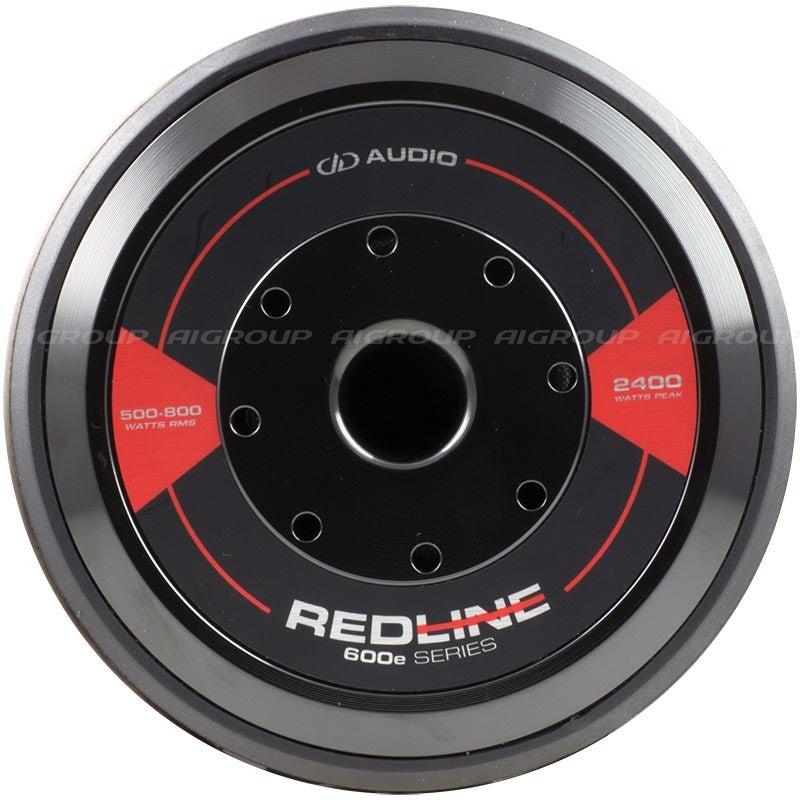 DD Audio Redline 610e D4 - priekinė dalis su logotipais ir galia