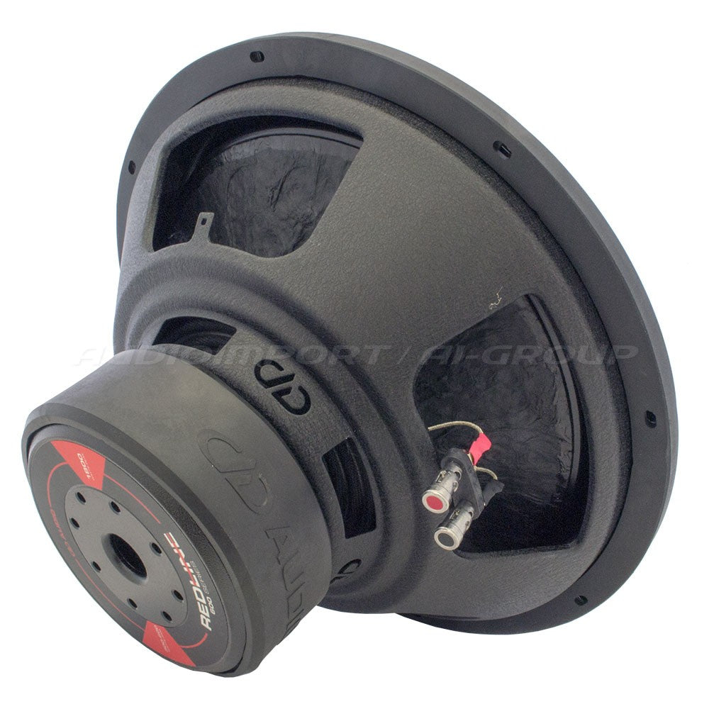 DD Audio Redline 615d D4 - garsiakalbio jungtys ir logotipai iš arti