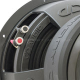 DD Audio Redline 712d D2 - garsiakalbio jungtys ir logotipas iš arti
