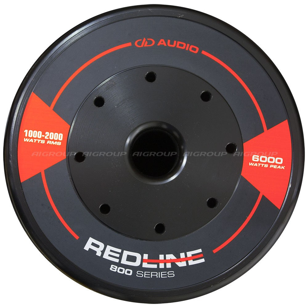 DD Audio Redline 812d D1 - Priekinė dalis su raudonais akcentais ir užrašais