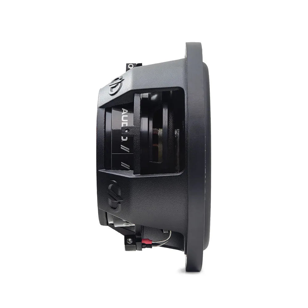 DD Audio SL608-D4, 20 cm žemų dažnių garsiakalbis, 900 W MAX - Šoninis vaizdas su logotipu ir laidais