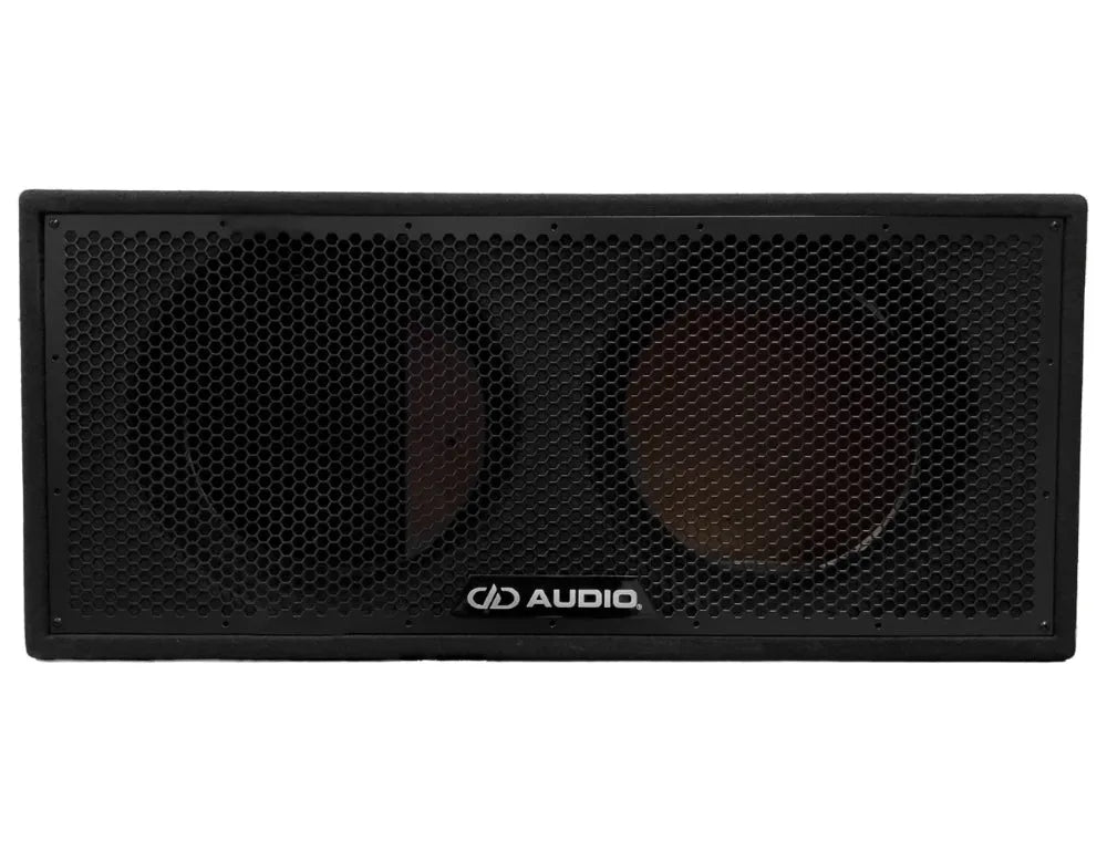 DD Audio UE-12.2a, dėžė žemų dažnių garsiakalbiui - dviejų garsiakalbių priekinė dalis su grotelėmis