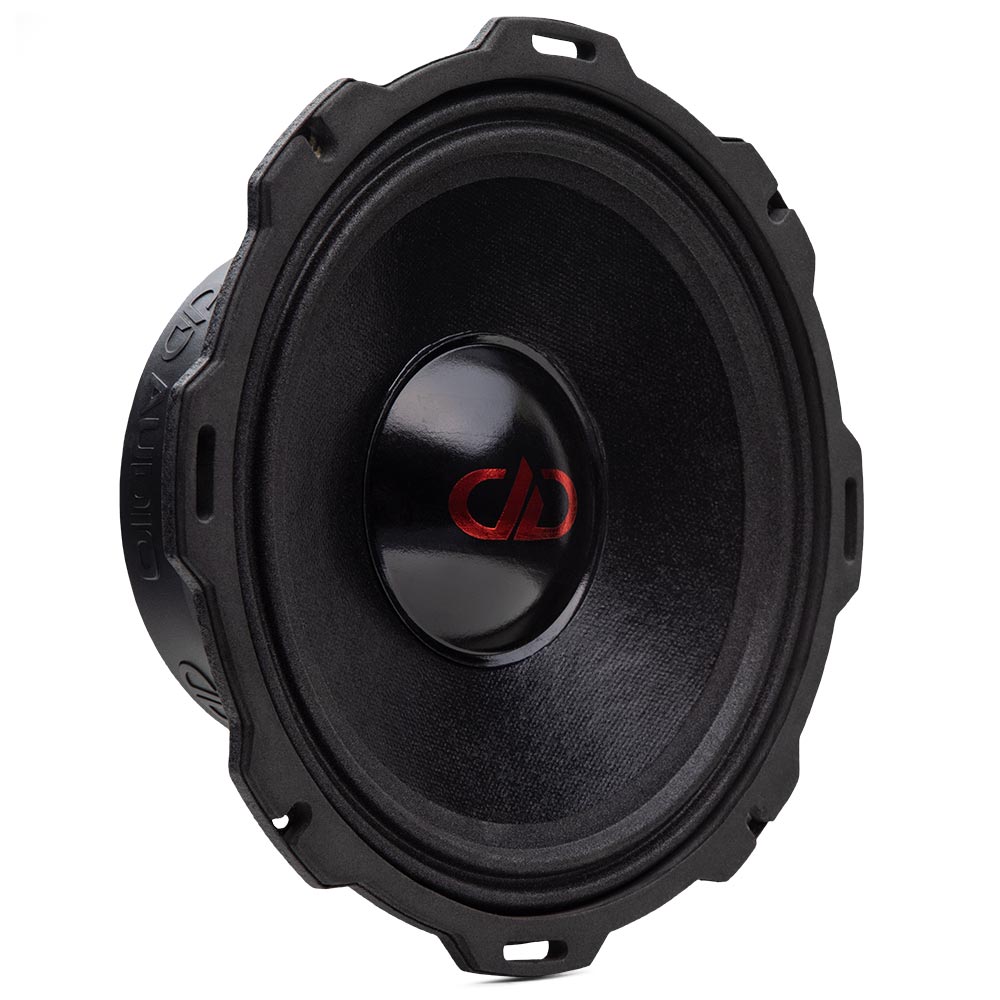 DD Audio VOM8a-S4 Midrange PAIR - Šoninis vaizdas su logotipu ir tvirtinimo detalėmis