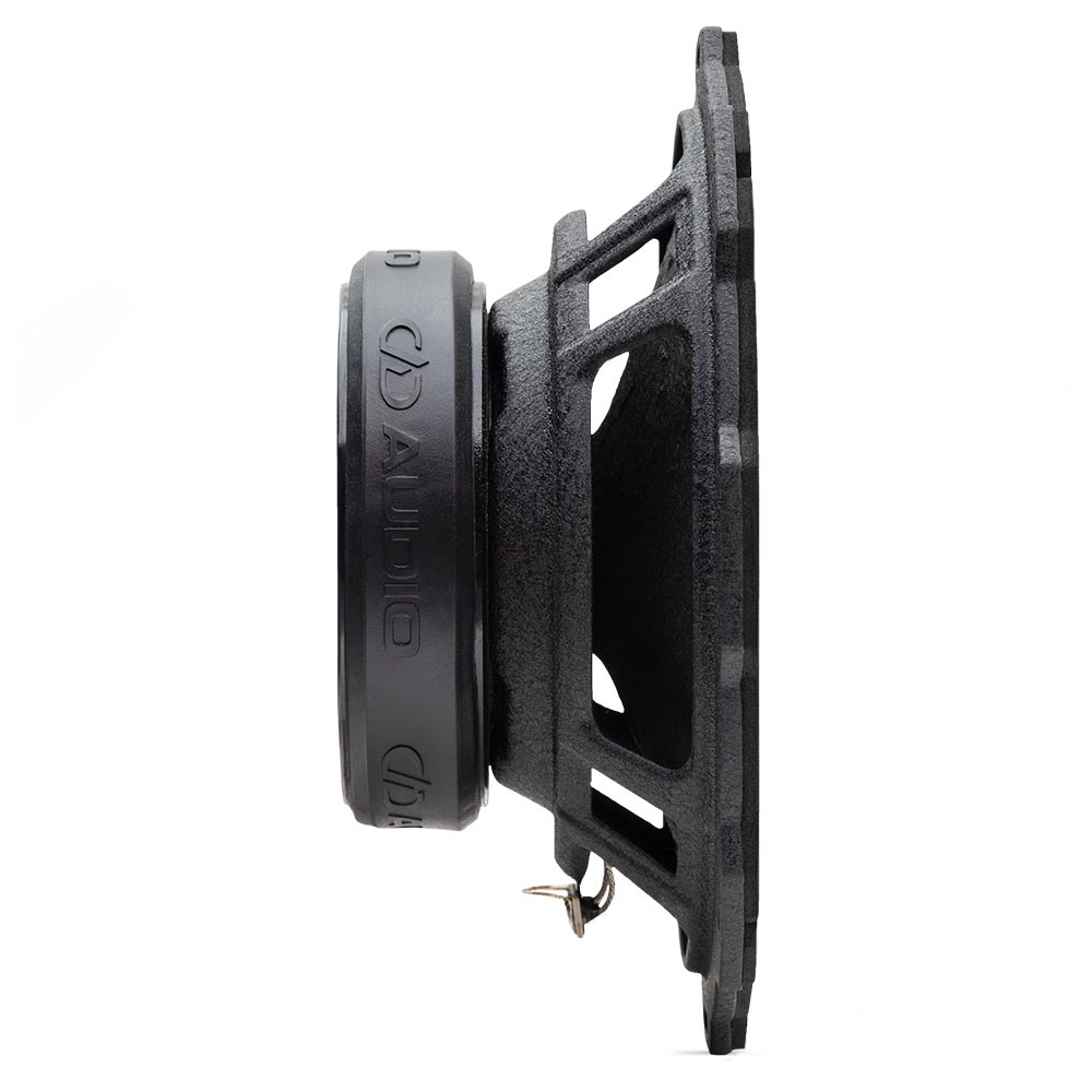 DD Audio VOM8a-S4 Midrange PAIR - Šoninis vaizdas su prekės ženklu ir tvirtinimo detalėmis