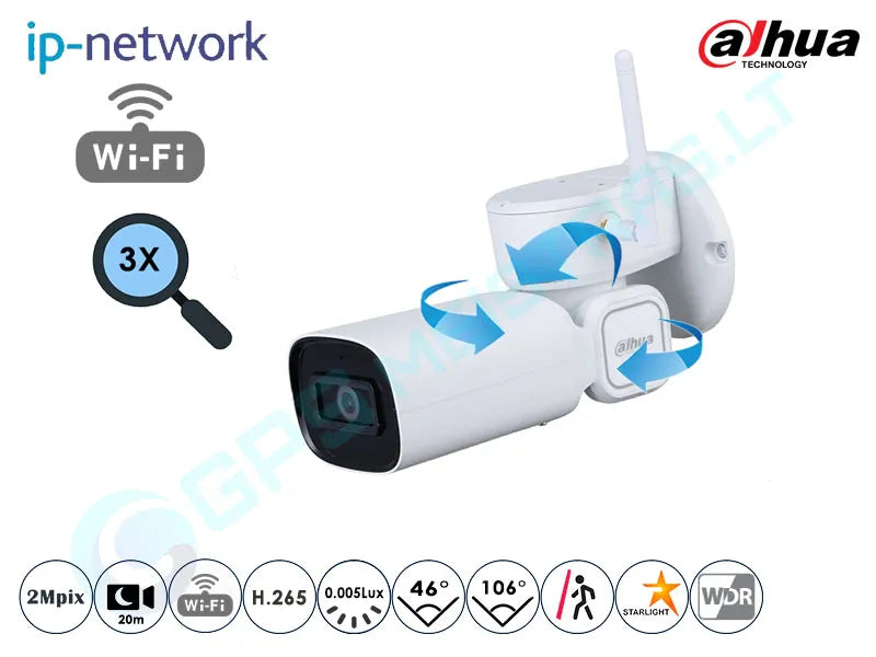 Dahua PTZ1C203UE-GN-W, valdoma Wi-Fi / IP kamera su optiniu priartinim - Wi-Fi ir 3x optinis priartinimas su rodyklėmis