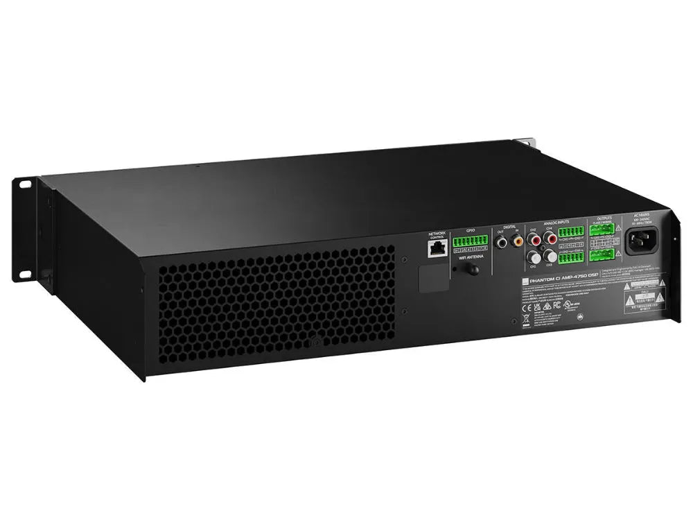 Dali PHANTOM CI AMP-4750 DSP, integruotas instaliacinis stiprintuvas - Galinė panelė su daugybe jungčių ir ventiliacijos grotelės