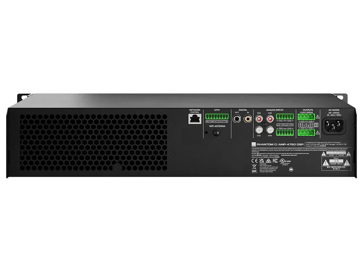 Dali PHANTOM CI AMP-4750 DSP, integruotas instaliacinis stiprintuvas - galinė panelė su daugybe jungčių