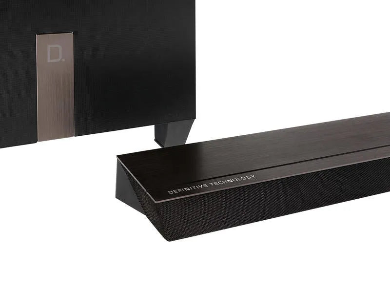 Definitive Audio STUDIO SLIM, Soundbaras su žemų dažnių garso kolonėle - Šoninis vaizdas su logotipu ir užrašu