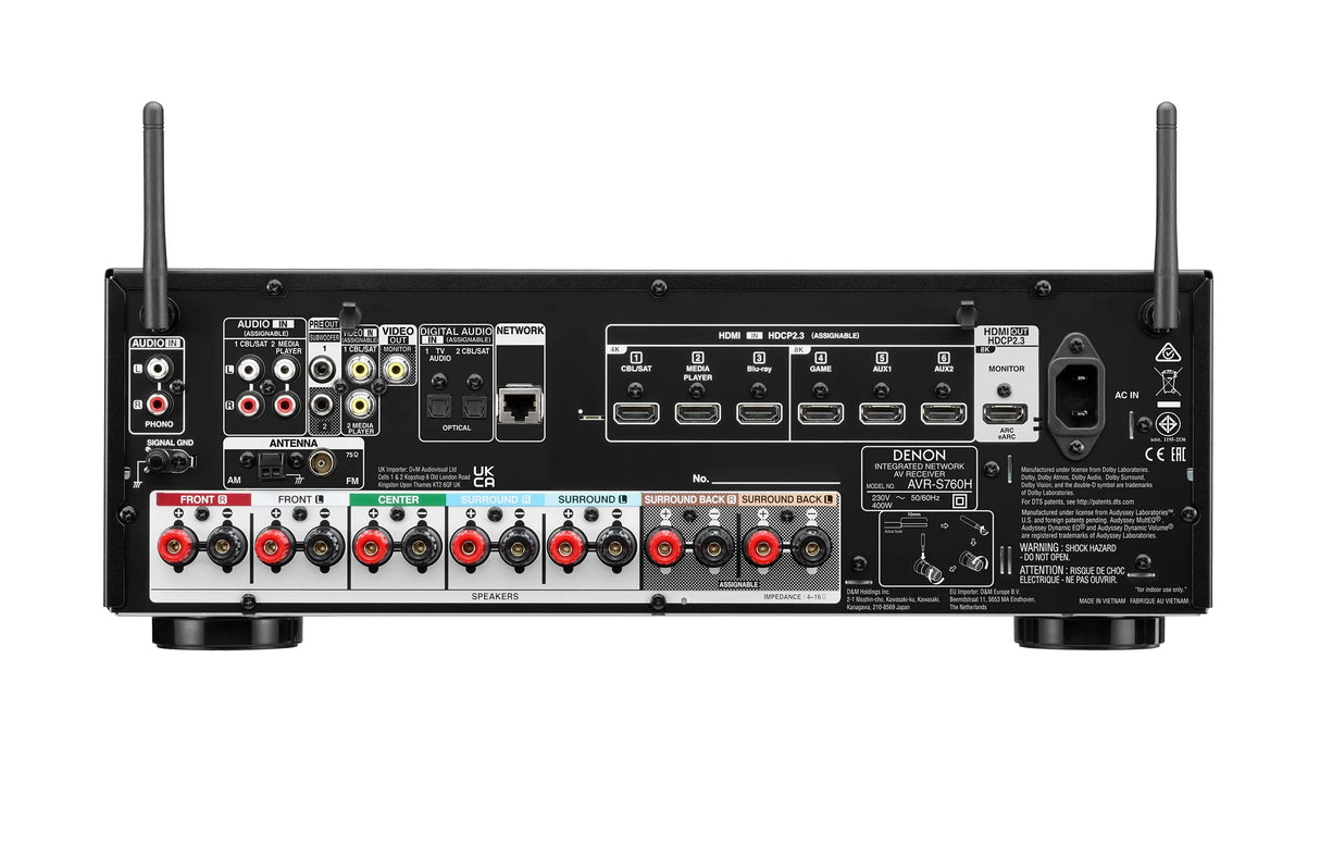 Denon AVR-S760H, AV resyveris- stiprintuvas - Galinė panelė su daugybe jungčių ir antenomis