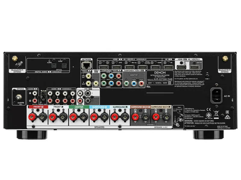 Denon AVR-X2700H DAB, AV imtuvas - stiprintuvas - galinė panelė su daugybe jungčių ir laidų prijungimo vietų
