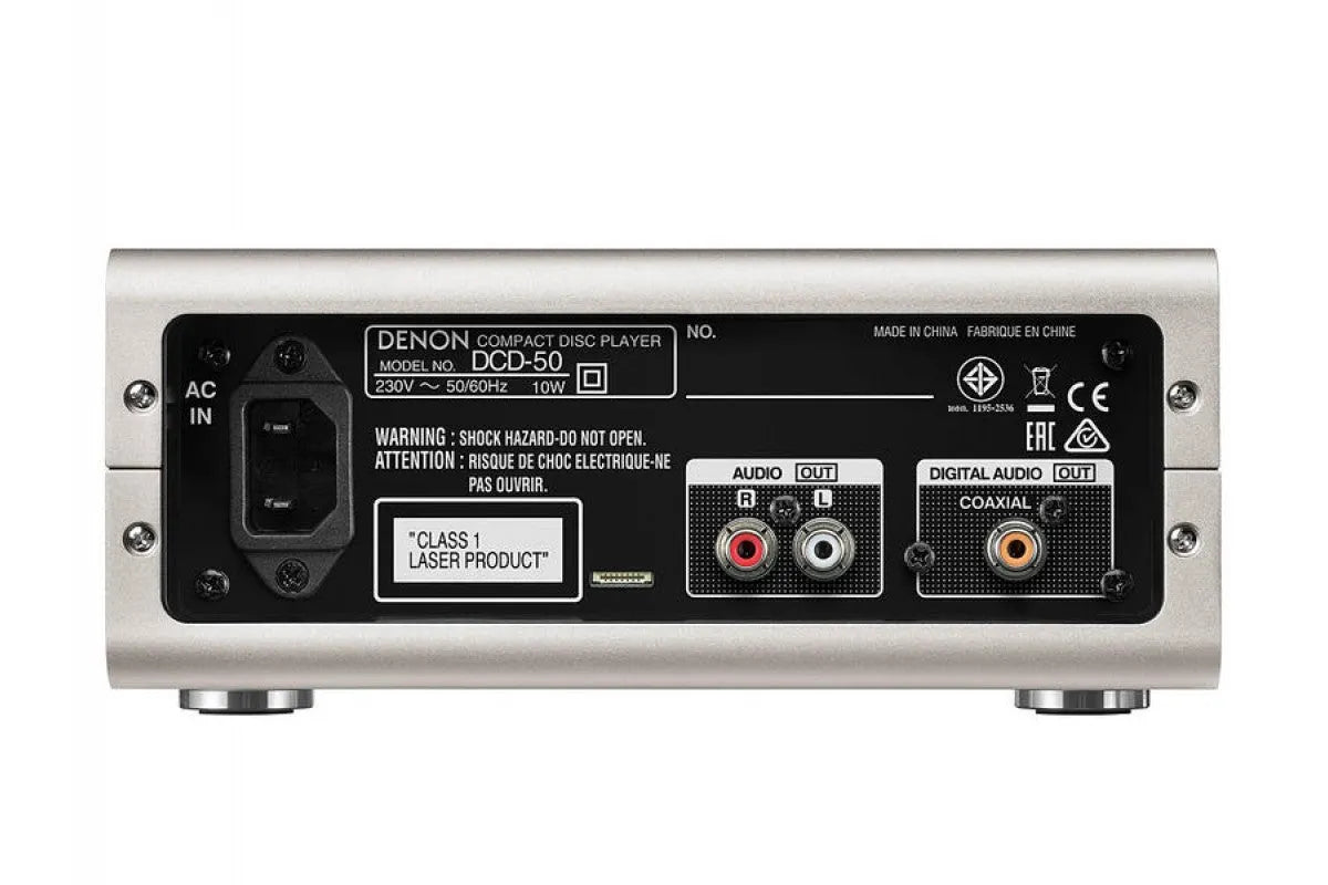 Denon DCD-50, CD grotuvas - Galinė panelė su jungtimis ir įspėjimais