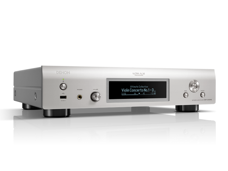 Denon DNP-2000NE, High-res tinklo grotuvas su Ultra AL32, HDMI ARC - Priekinė panelė su Denon logotipu ir ekranu