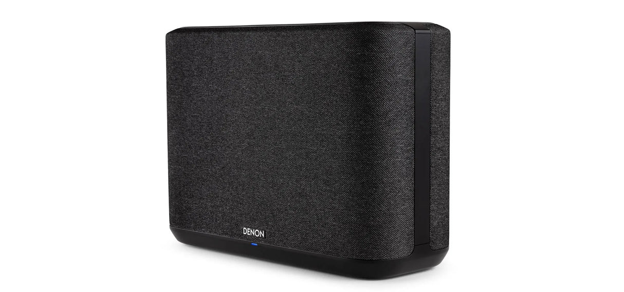 Denon Home 250, belaidė išmani garso kolonėlė, Apple AirPlay, HEOS, Spotify - Šoninis vaizdas su mėlyna lempute