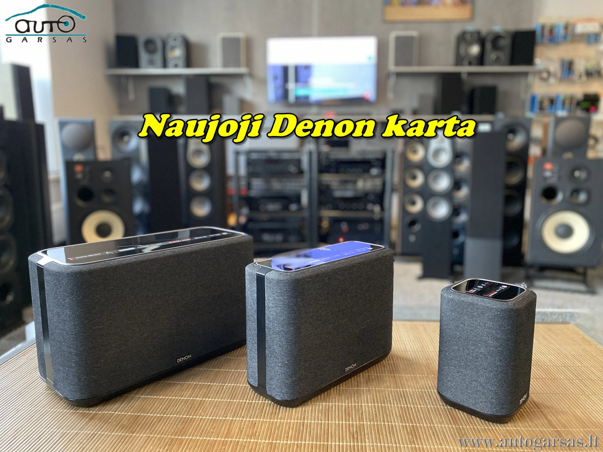 Denon Home 250, belaidė išmani garso kolonėlė, Apple AirPlay, HEOS, Spotify - Trys kolonėlės su telefonu ant viršaus