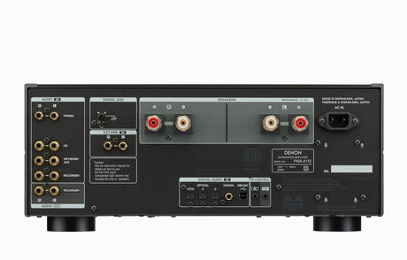 Denon PMA-A110, integruotas garso stiprintuvas - galinė panelė su jungtimis ir etiketėmis