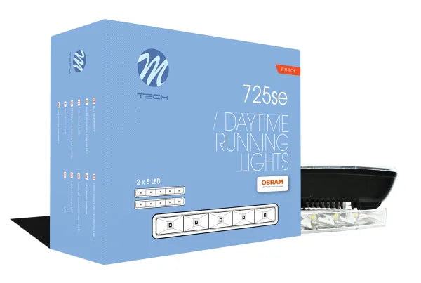 Dienos šviesos žibintai LED LD725SE - detalus vaizdas su pakuote ir žibintu