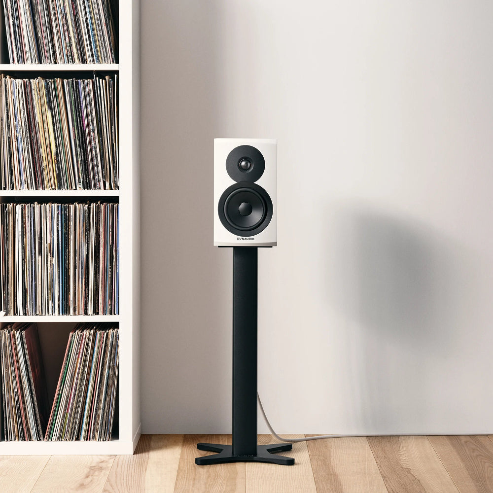 Dynaudio Emit 10, lentyninės garso kolonėlės - garsiakalbis ant stovo su vinilo plokštelių lentyna