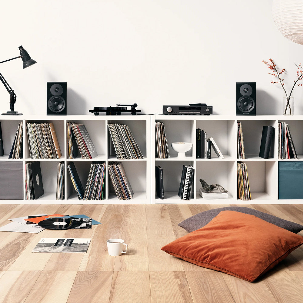 Dynaudio Emit 10, lentyninės garso kolonėlės - šoninis vaizdas su vinilo plokštelėmis