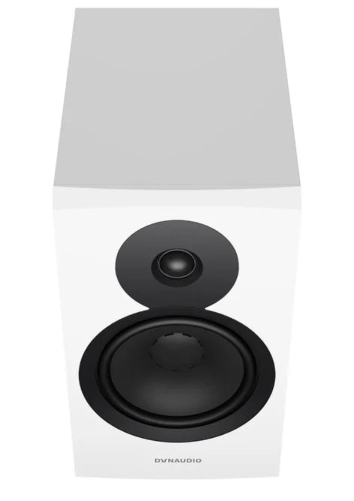 Dynaudio Emit 20, lentyninės garso kolonėlės - balta kolonėlė su juodais garsiakalbiais