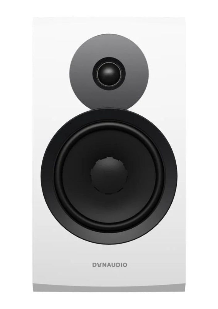 Dynaudio Emit 20, lentyninės garso kolonėlės - balta priekinė panelė su garsiakalbiais