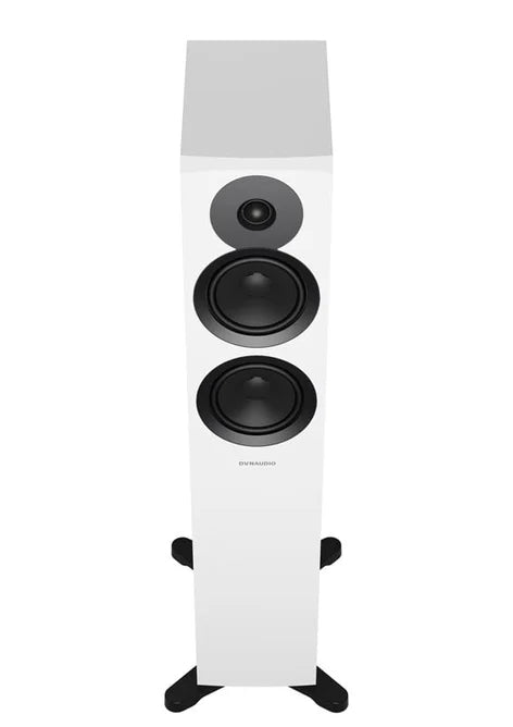 Dynaudio Emit 30, grindinės garso kolonėlės - balta kolonėlė su juodais garsiakalbiais ir stoveliu