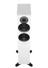 Dynaudio Emit 30, grindinės garso kolonėlės - balta kolonėlė su juodais garsiakalbiais ir stoveliu
