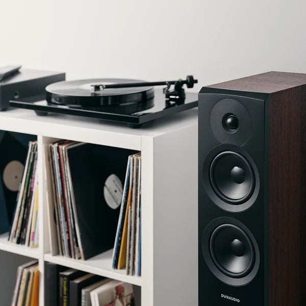 Dynaudio Emit 30, grindinės garso kolonėlės - Garsiakalbio priekinė dalis su dviem žemų dažnių garsiakalbiais