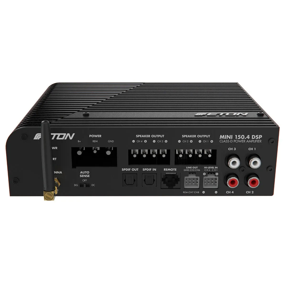 ETON, MINI150.4DSP garso stiprintuvas, 4x100W - Galinė panelė su įvairiomis jungtimis