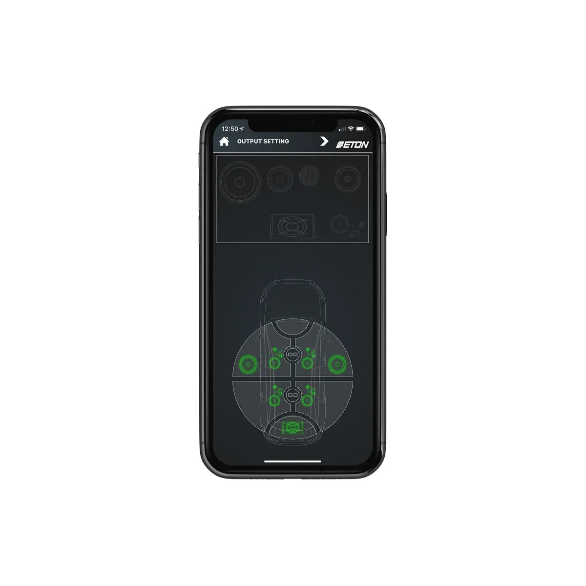 ETON, MINI150.4DSP garso stiprintuvas, 4x100W - Išmaniojo telefono ekrane rodoma garso nustatymų programa
