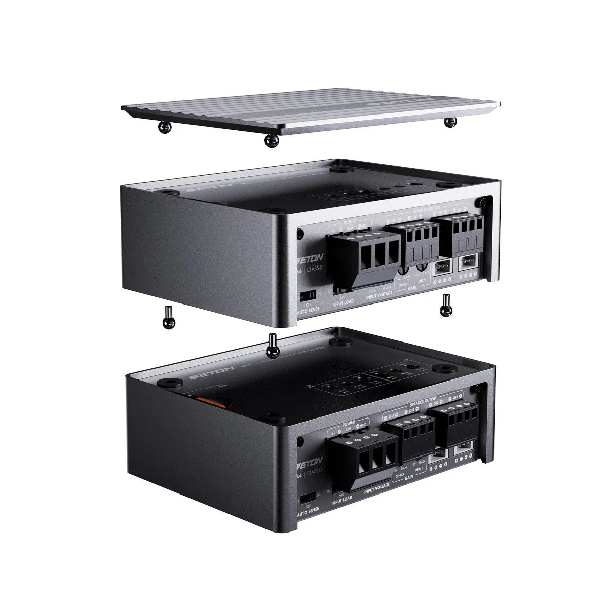 ETON, PA4 garso stiprintuvas, 2x45W + 2x80W - Išardytas stiprintuvas su jungtimis ir varžtais