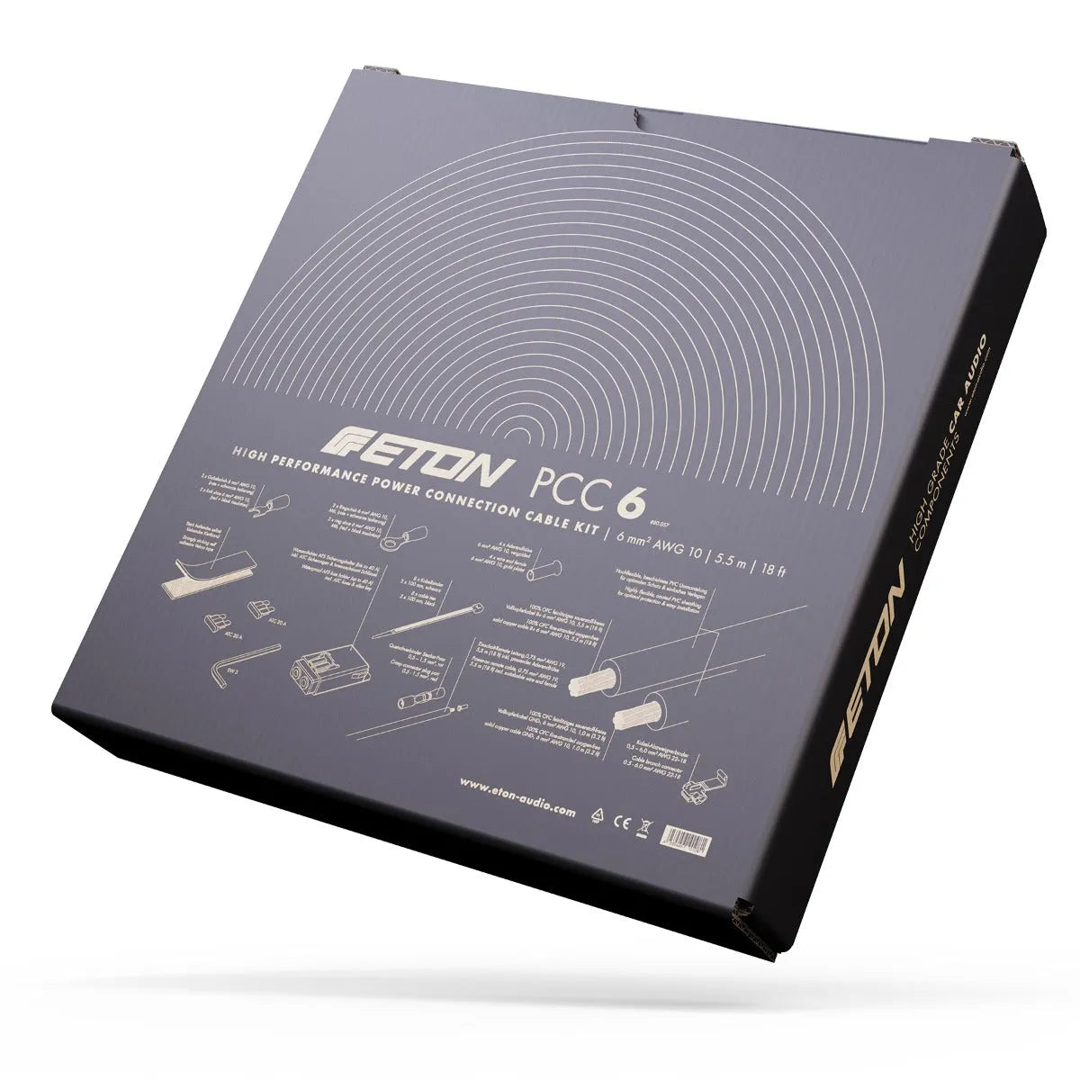 ETON PCC 06 OFC laidų rinkinys garso stiprintuvui, 6mm² - detalus vaizdas su instrukcija ir pakuote
