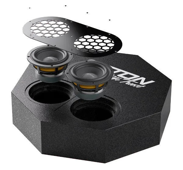 ETON, RES5FLAT, 2x13cm žemų dažnių kolonėlė su stiprintuvu - išardytas vaizdas su garsiakalbiais ir grotelėmis