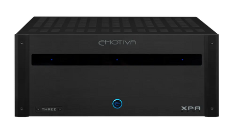 Emotiva XPA-3 Gen3, 3-jų kanalų audiofilinis namų kino galios stiprintuvas - Mėlyni indikatoriai ir įjungimo mygtukas