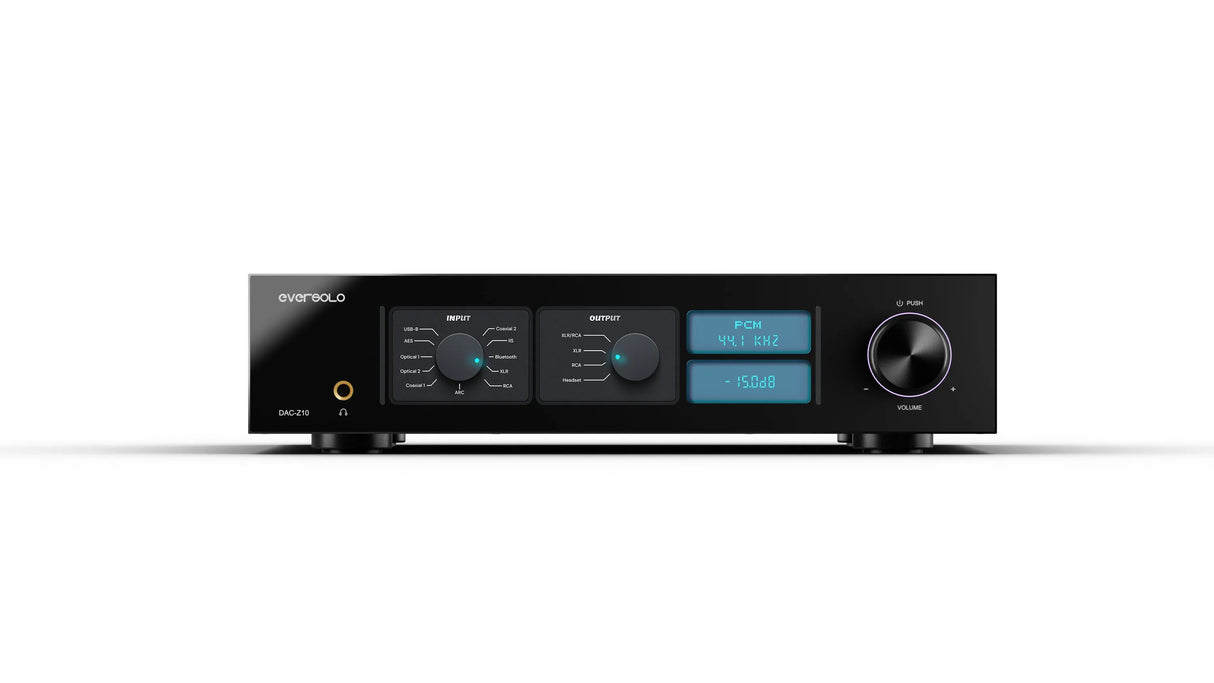 EverSolo DAC-Z10, skaitmeninis - analoginis keitiklis - Mėlynas ekranas su informacija ir garsumo ratukas