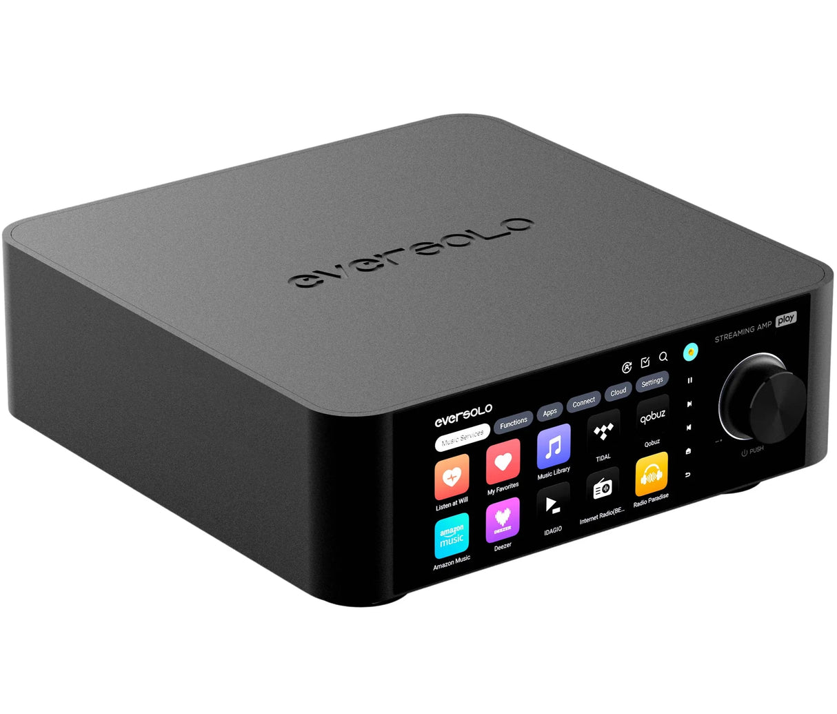 EverSolo Play, viskas viename išmanus stereo stiprintuvas 2x110W, HDMI ARC - ekranas su programėlėmis ir valdymo ratukas