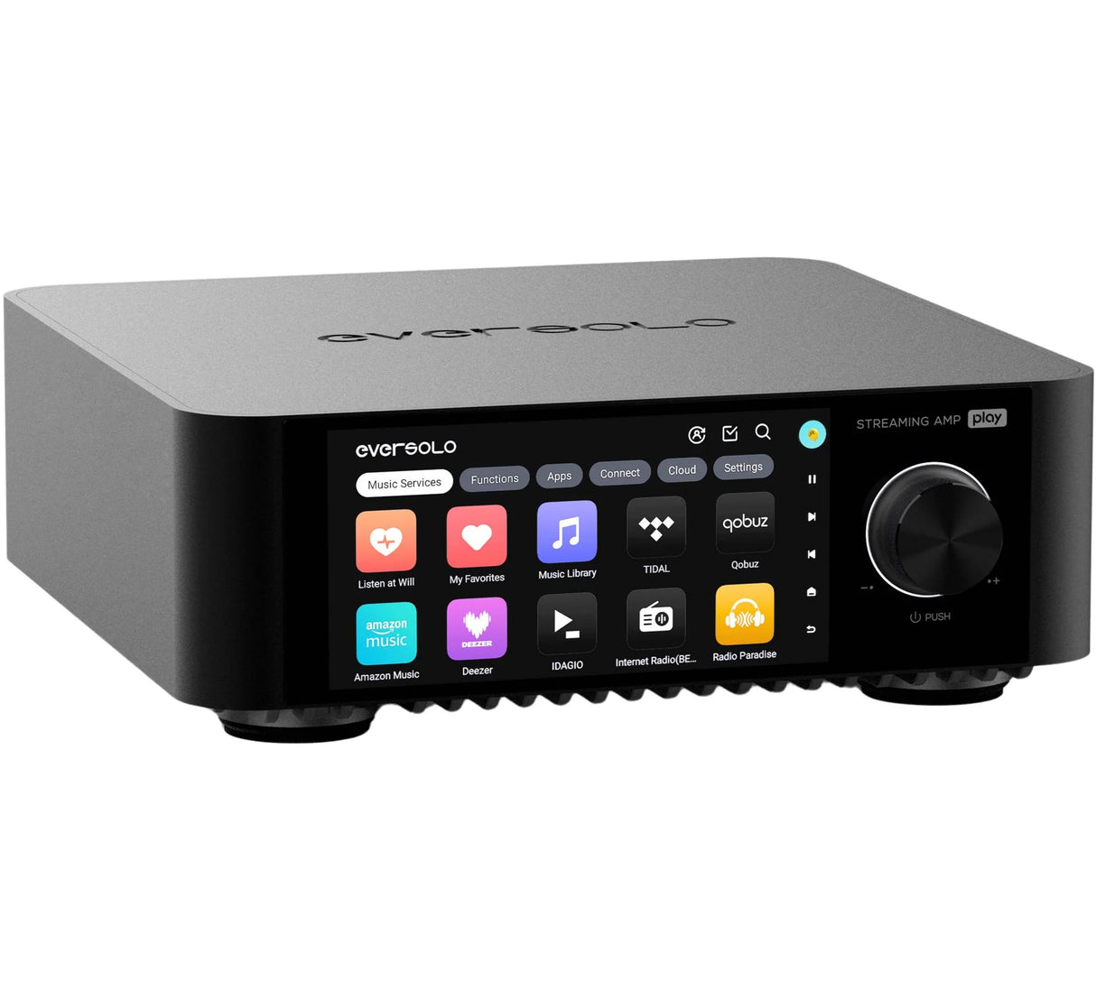 EverSolo Play, viskas viename išmanus stereo stiprintuvas 2x110W, HDMI ARC - ekranas su programėlių piktogramomis ir valdymo ratukas